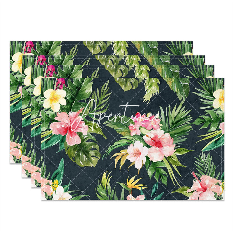 Aperturee - Black Green Monstera Pink Floral Set Of 4 Placemats