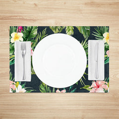 Aperturee - Black Green Monstera Pink Floral Set Of 4 Placemats