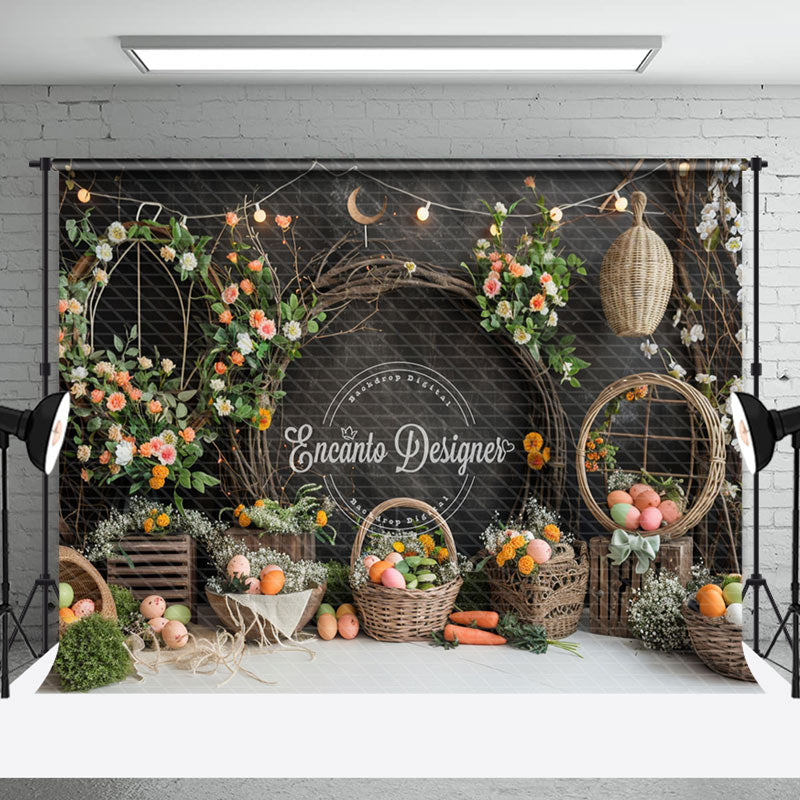 Aperturee - Black Grey Floral Carrot Eggs Easter Photo Backdrop