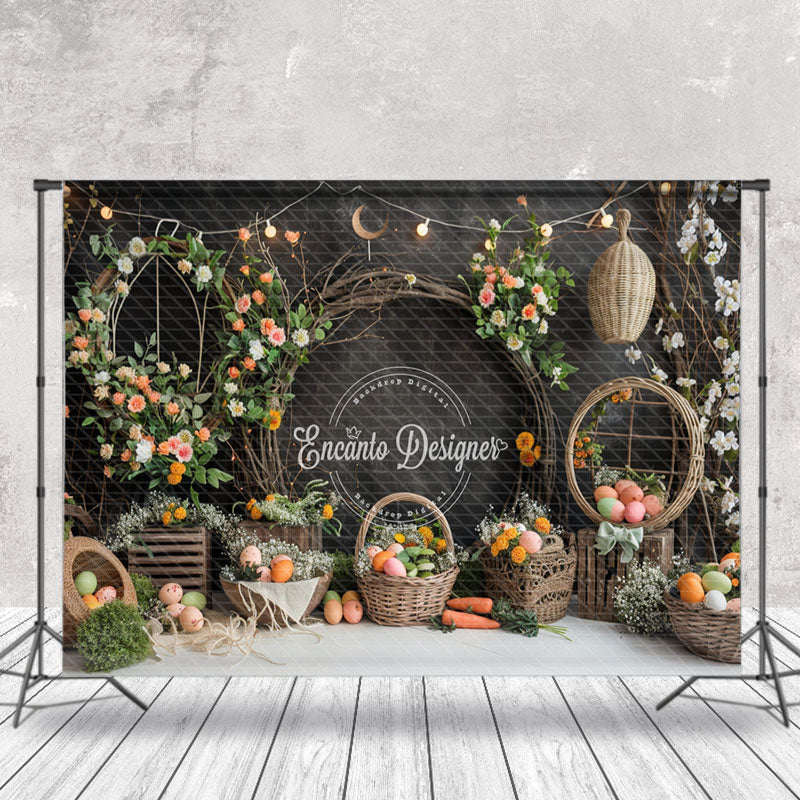 Aperturee - Black Grey Floral Carrot Eggs Easter Photo Backdrop