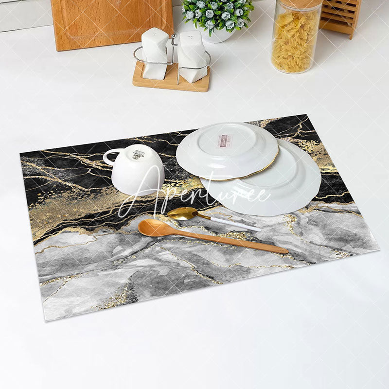 Aperturee - Black Grey Golden Marble Textured Set Of 4 Placemats