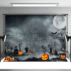 Aperturee - Black Grey Old Castle Moon Night Halloween Backdrop