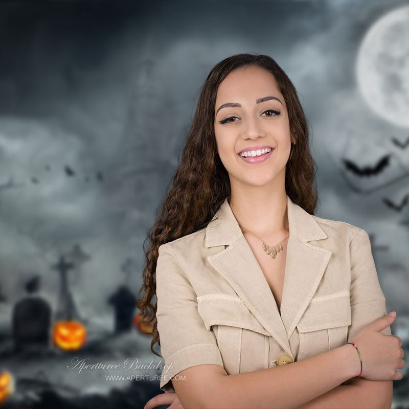 Aperturee - Black Grey Old Castle Moon Night Halloween Backdrop