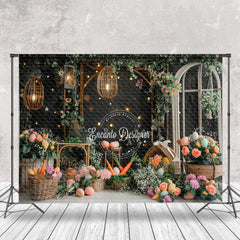 Aperturee - Black Grey Wall Ligths Floral Easter Photo Backdrop