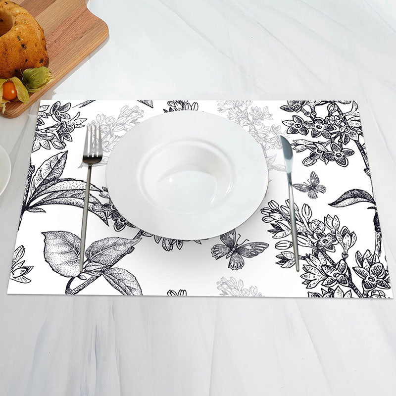 Aperturee - Black Hand Drawing Floral Leaves Set Of 4 Placemats