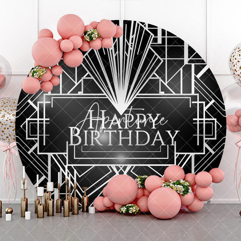 Aperturee - Black Line Geometry Round Happy Birthday Backdrop