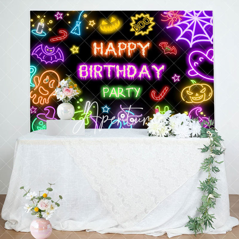 Aperturee - Black Neon Halloween Happy Birthday Party Backdrop