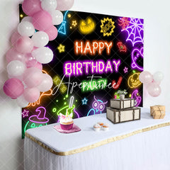 Aperturee - Black Neon Halloween Happy Birthday Party Backdrop