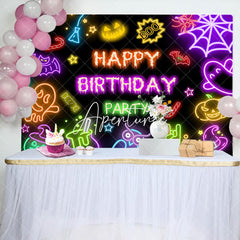 Aperturee - Black Neon Halloween Happy Birthday Party Backdrop