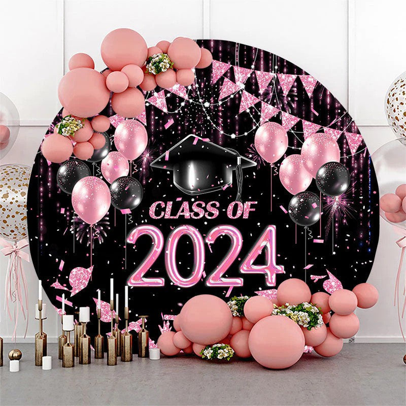 Aperturee Black Pink Balloon Class Of 2023 Round Grad Backdrop