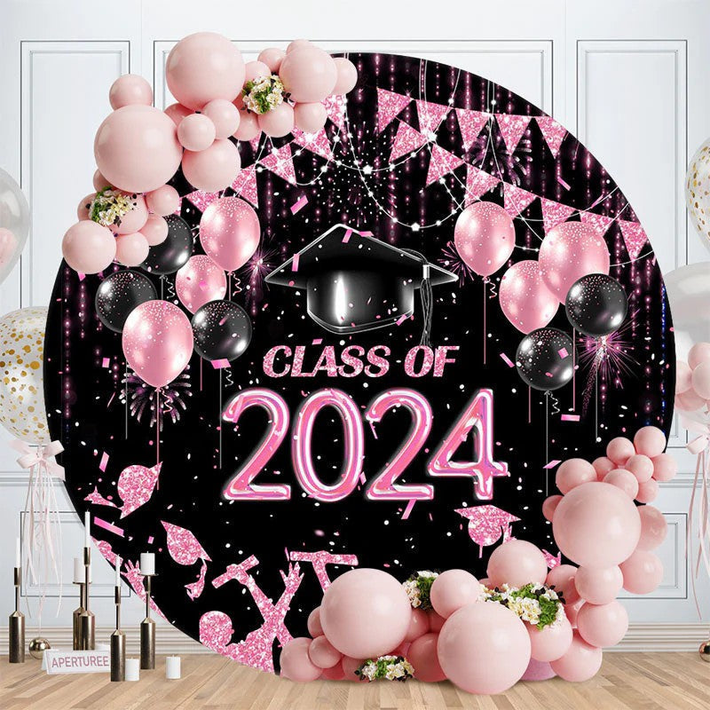 Aperturee Black Pink Balloon Class Of 2023 Round Grad Backdrop