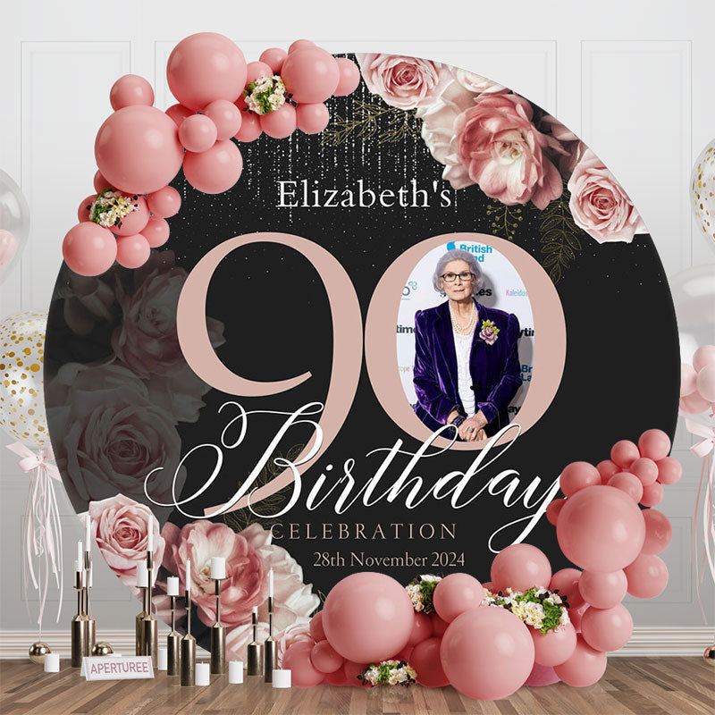 Aperturee - Black Pink Floral Round 90th Birthday Party Backdrop