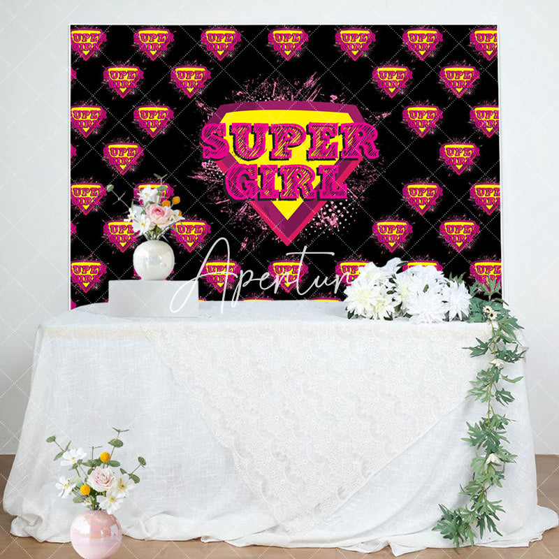 Aperturee - Black Pink Super Girl Happy Birthday Party Backdrop