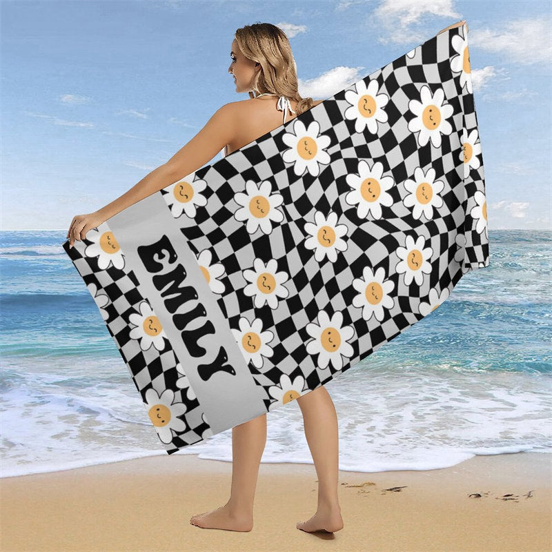 Aperturee - Black Plaid Daisy Floral Custom Name Beach Towel