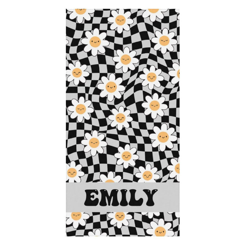 Aperturee - Black Plaid Daisy Floral Custom Name Beach Towel