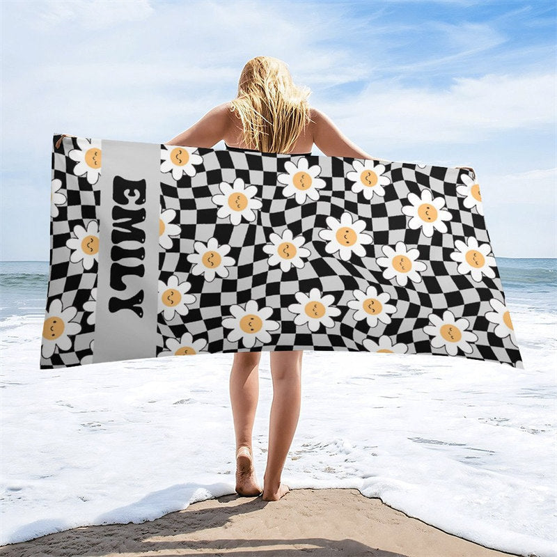 Aperturee - Black Plaid Daisy Floral Custom Name Beach Towel