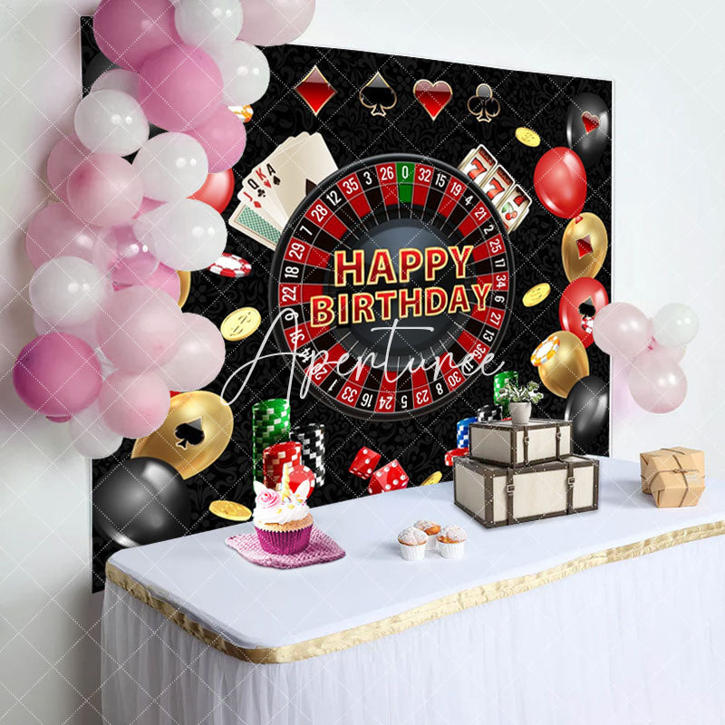 Aperturee - Black Poker Casino Balloons Happy Birthday Backdrop