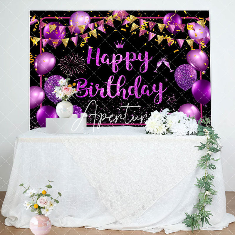 Aperturee - Black Purple Gold Balloons Sparkle Birthday Backdrop