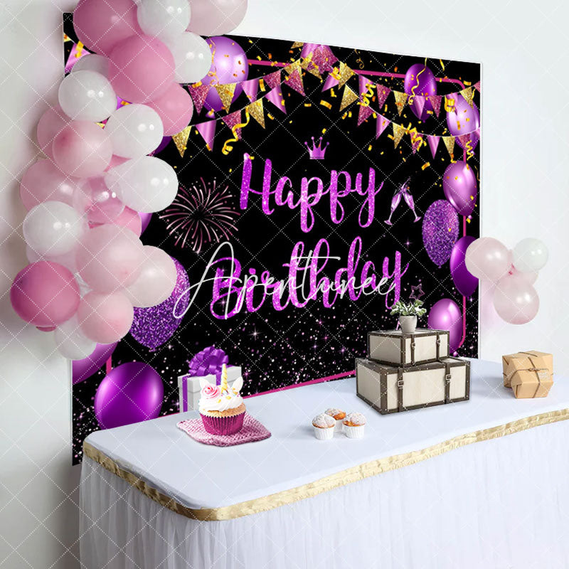 Aperturee - Black Purple Gold Balloons Sparkle Birthday Backdrop