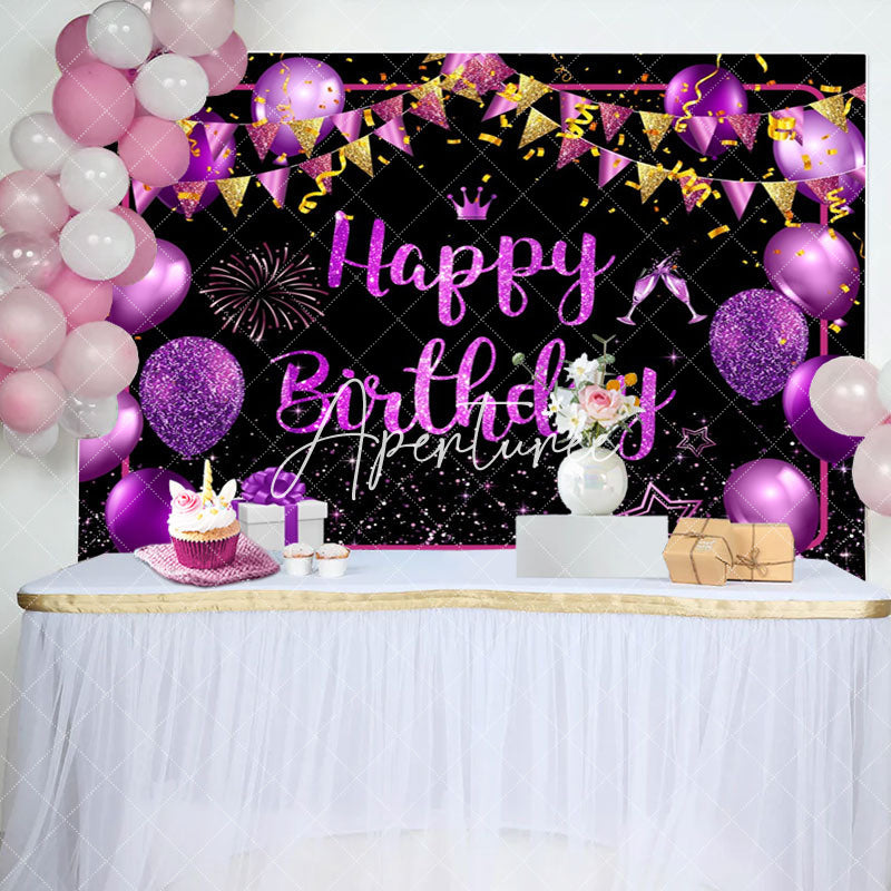 Aperturee - Black Purple Gold Balloons Sparkle Birthday Backdrop