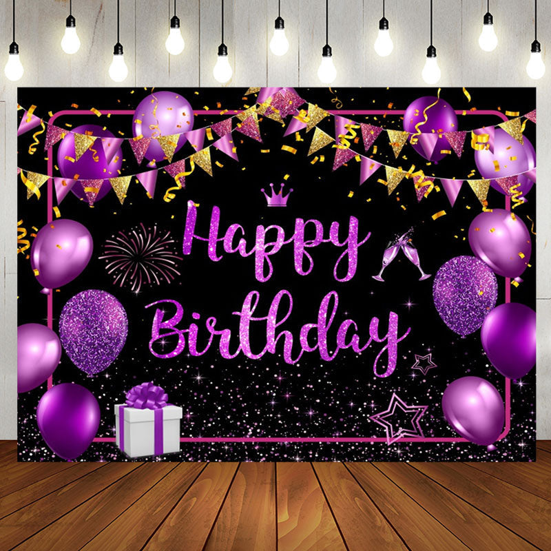 Aperturee - Black Purple Gold Balloons Sparkle Birthday Backdrop