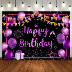 Aperturee - Black Purple Gold Balloons Sparkle Birthday Backdrop