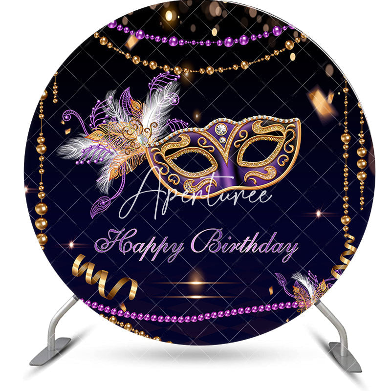 Aperturee - Black Purple Masquerade Mask Round Birthday Backdrop