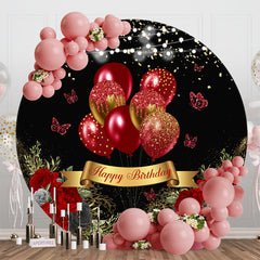 Aperturee - Black Red Floral Balloons Round Birthday Backdrop