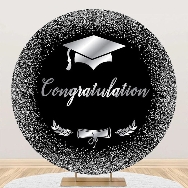 Aperturee - Black Silver Bachelor Cap Round Graduation Backdrop