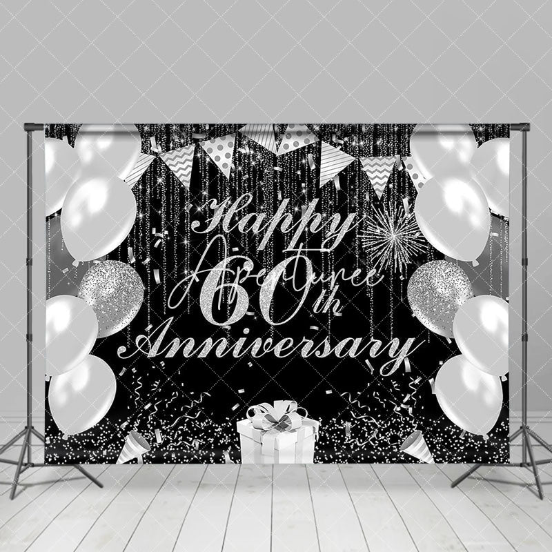 Aperturee - Black Silver Balloon Happy 60th Anniversary Backdrop