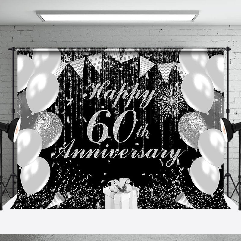 Aperturee - Black Silver Balloon Happy 60th Anniversary Backdrop