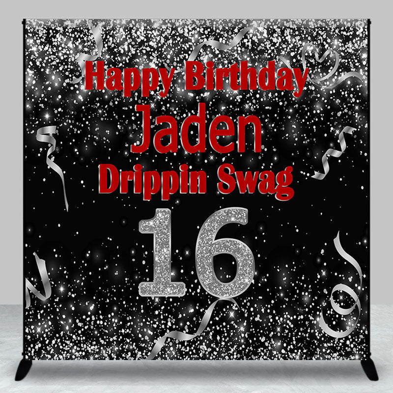 Aperturee - Black Silver Glitter Custom 16th Birthday Bakcdrop