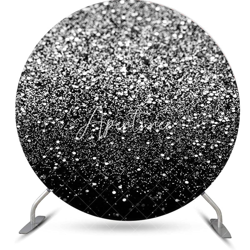 Aperturee - Black Silver Glitter Round Happy Birthday Backdrop