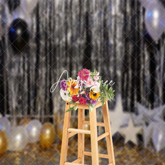 Aperturee - Black Silver Gold Balloon Stars Cake Smash Backdrop