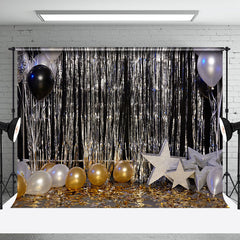 Aperturee - Black Silver Gold Balloon Stars Cake Smash Backdrop