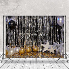 Aperturee - Black Silver Gold Balloon Stars Cake Smash Backdrop