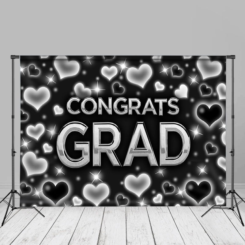 Aperturee - Black Silver Heart Congrats Grad Backdrop For Photo