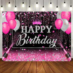 Aperturee - Black Silver Pink Balloons Happy Birthday Backdrop