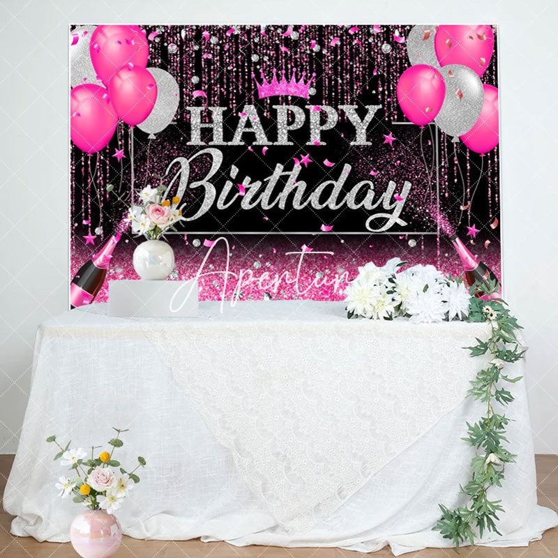 Aperturee - Black Silver Pink Balloons Happy Birthday Backdrop