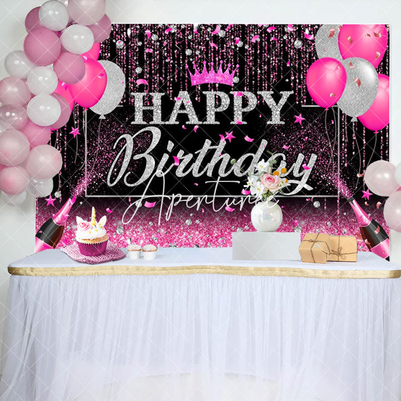 Aperturee - Black Silver Pink Balloons Happy Birthday Backdrop