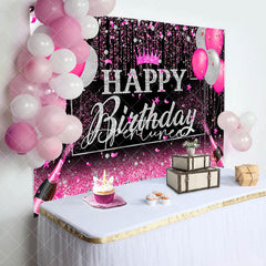 Aperturee - Black Silver Pink Balloons Happy Birthday Backdrop