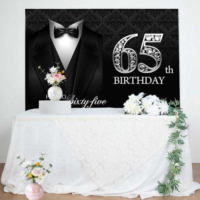 Aperturee - Black Suit And Sliver Hello 65th Birthday Backdrop