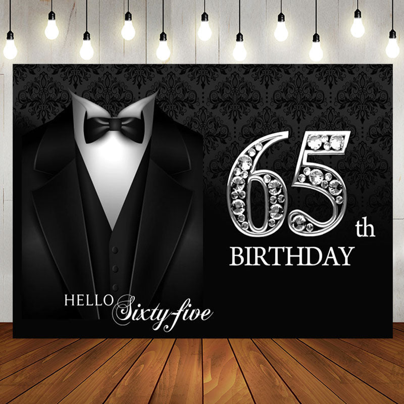 Aperturee - Black Suit And Sliver Hello 65th Birthday Backdrop