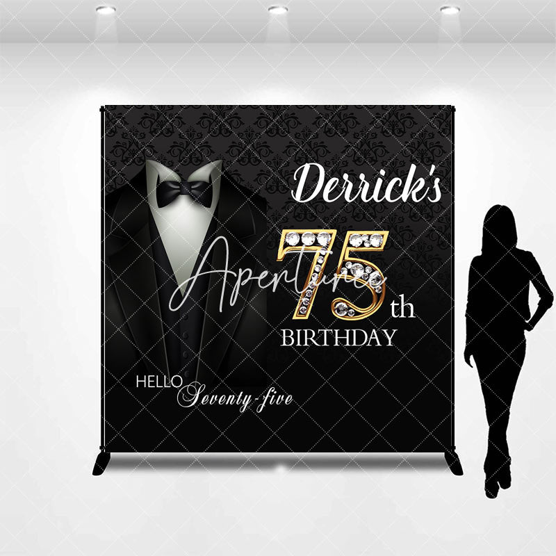 Aperturee - Black Suit Custom Name Gold 75th Birthday Backdrop