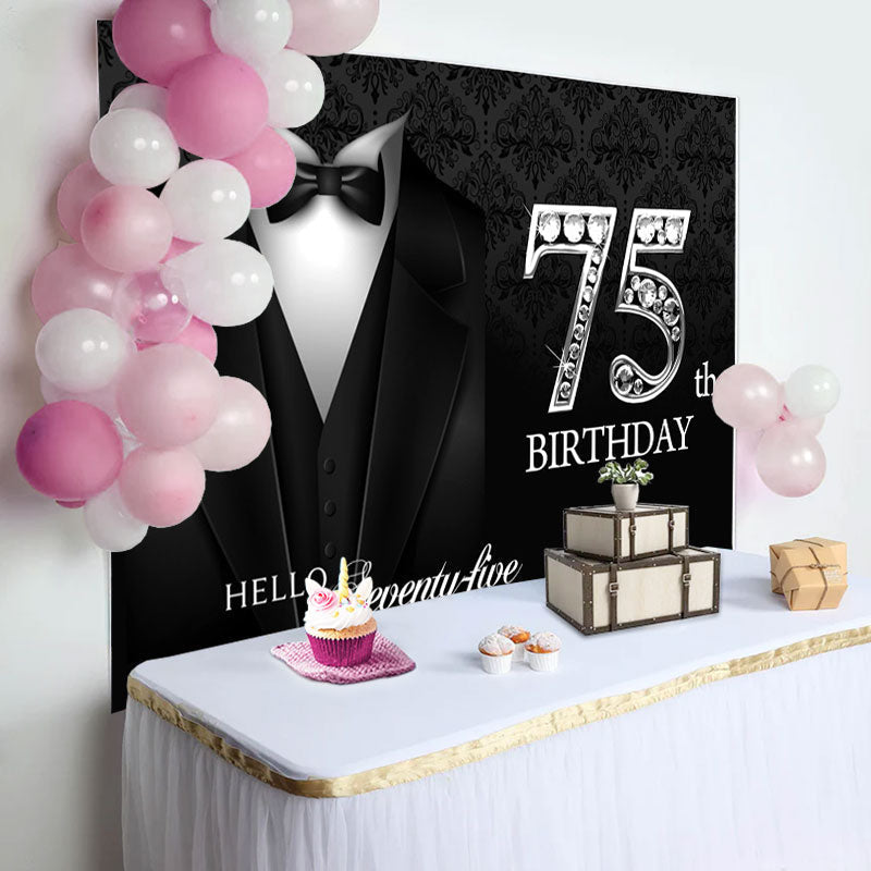 Aperturee - Black Suit Elegant Hello 75th Birthday Backdrop