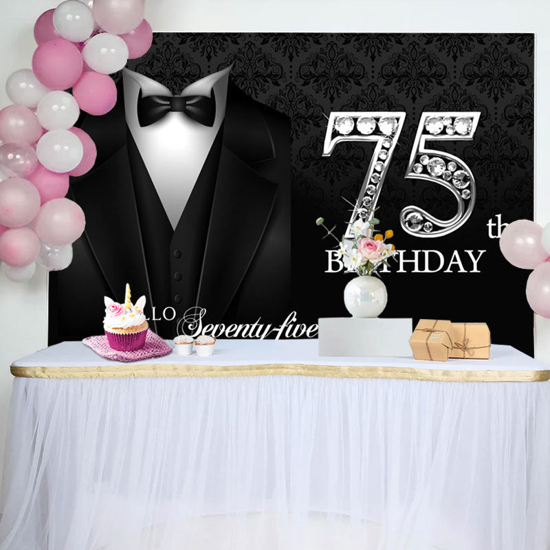 Aperturee - Black Suit Elegant Hello 75th Birthday Backdrop