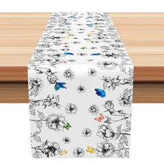 Aperturee - Black White Floral Coloral Butterflu Table Runner