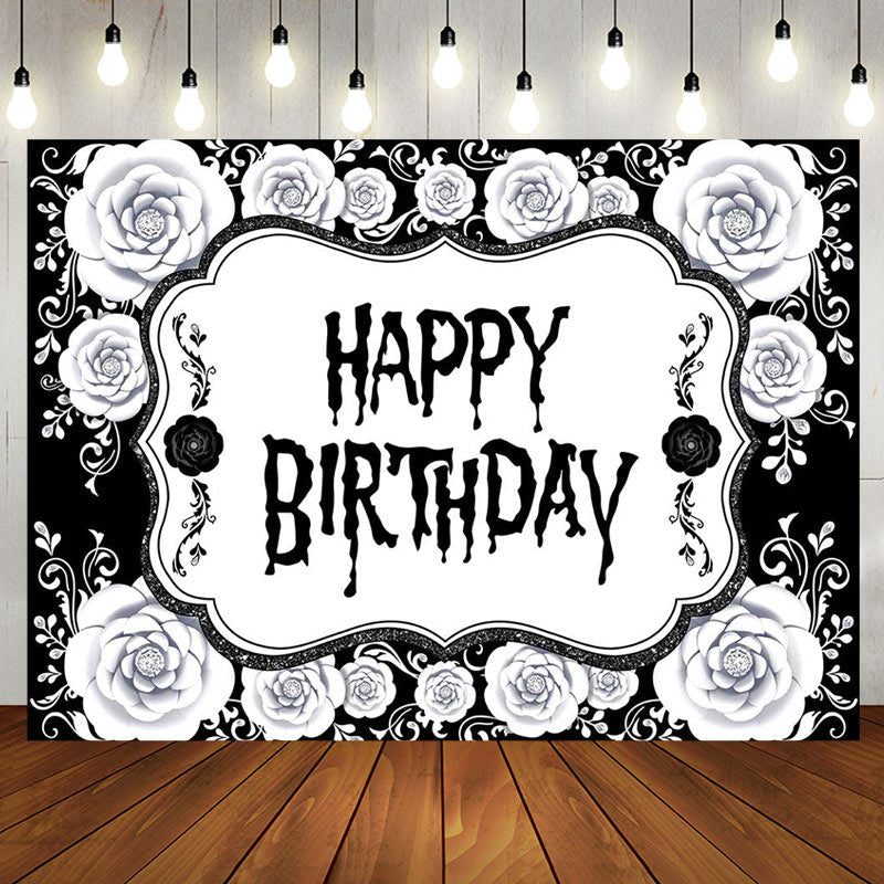 Aperturee - Black White Floral Halloween Happy Birthday Backdrop