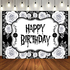 Aperturee - Black White Floral Halloween Happy Birthday Backdrop