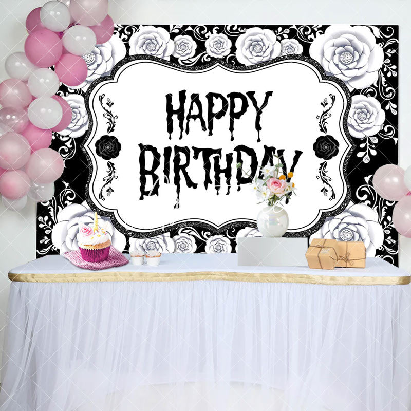 Aperturee - Black White Floral Halloween Happy Birthday Backdrop